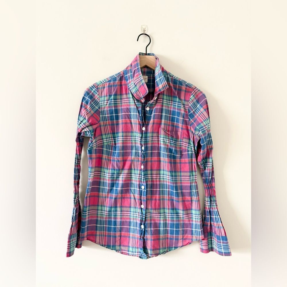 J. Crew The Perfect Shirt Blue Pink Green Plaid Cotton Button Down Size S Preppy